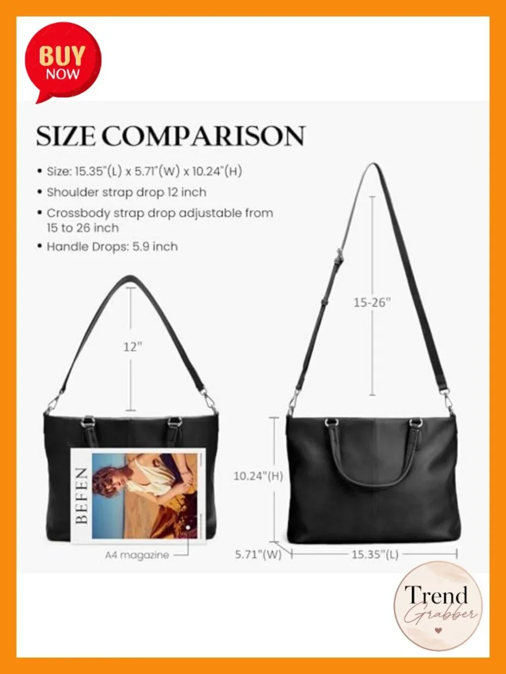Genuine Leather Tote Bag with Zipper, Shoulder & Crossbody Strap